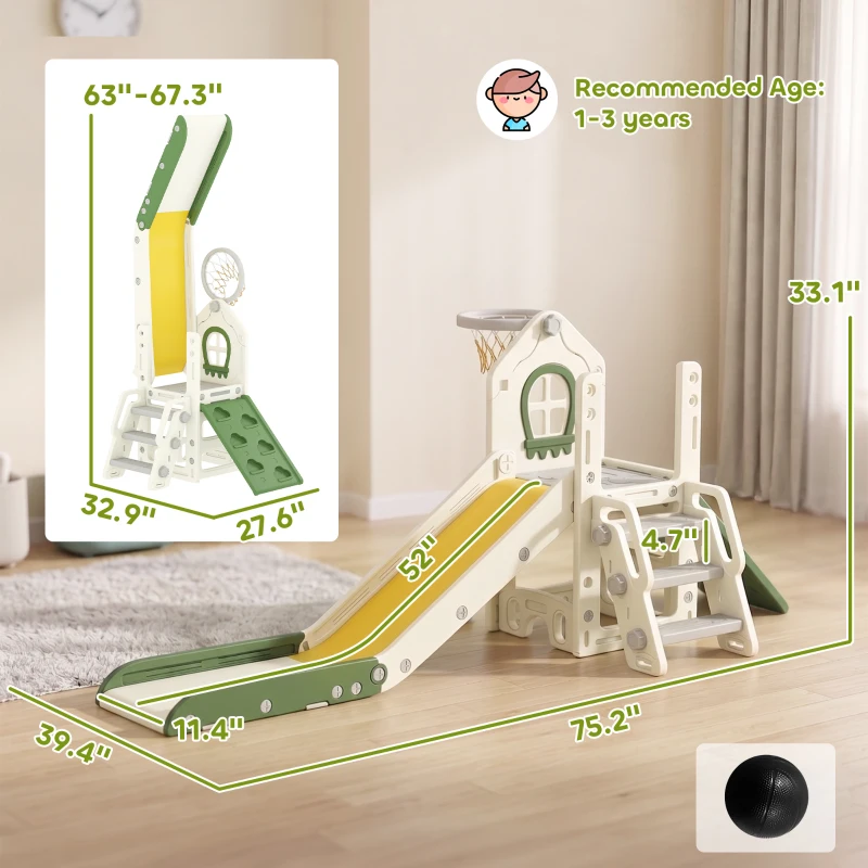 Qaba Foldable 5 in 1 Toddler Slide with Ladder, Climbing Wall, Basketball Hoop, Storage and Basketball for 1-3 Years, Cream