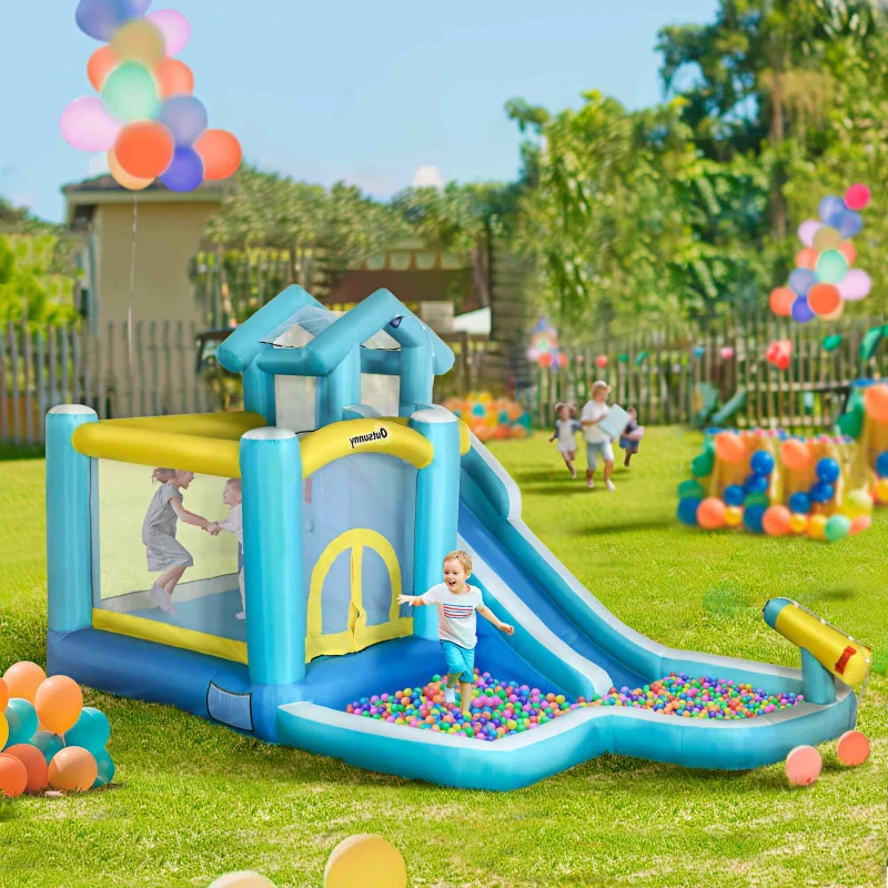 Outsunny 5-in-1 Kids Inflatable Bounce House Jumping Castle with Slide, Climbing Wall, Trampoline, & Water Pool Area, Water Cannon, Sea Balls, Air Blower