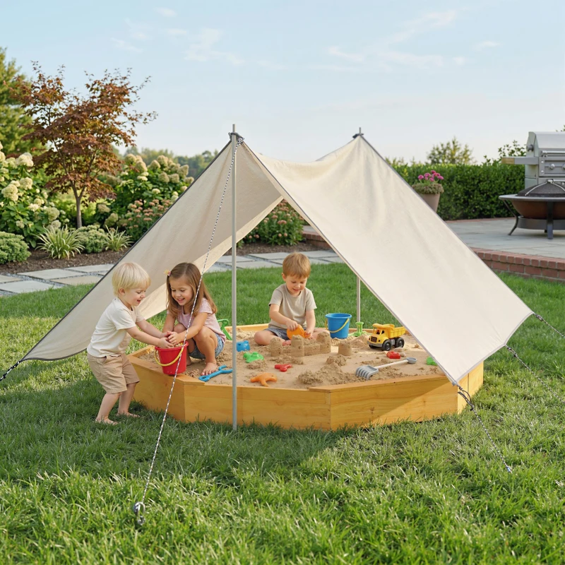 Qaba Wooden Sandbox with Large Canopy, Outdoor Sand Box with 4 Bench Seats, Bottom Liner for 8 Kids Aged 3-8, Yellow