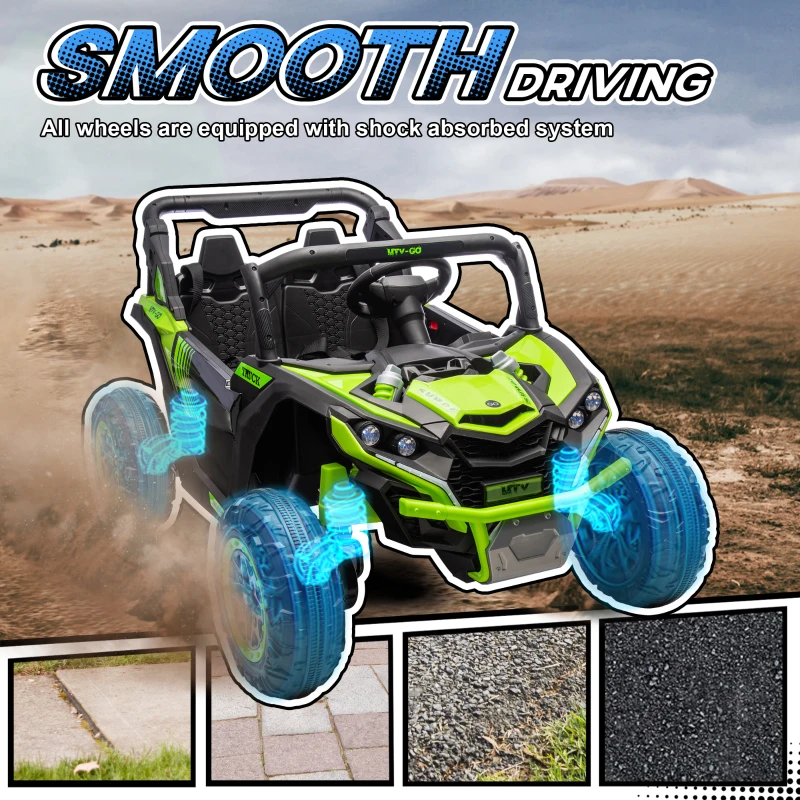 Qaba 24V 7AH Ride on Car, 2 Seater 4 MPH Ride on UTV with 4 Shock Absorbers, Music Horn LED Lights, for 3-8 Years, Green