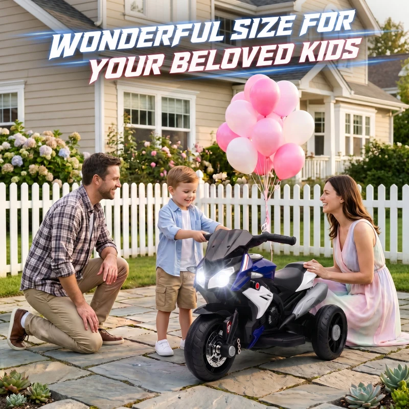 Qaba Kids Electric Motorcycle Ride-On Toy with 3 Wheels, Music, Horn, Lights, Blue