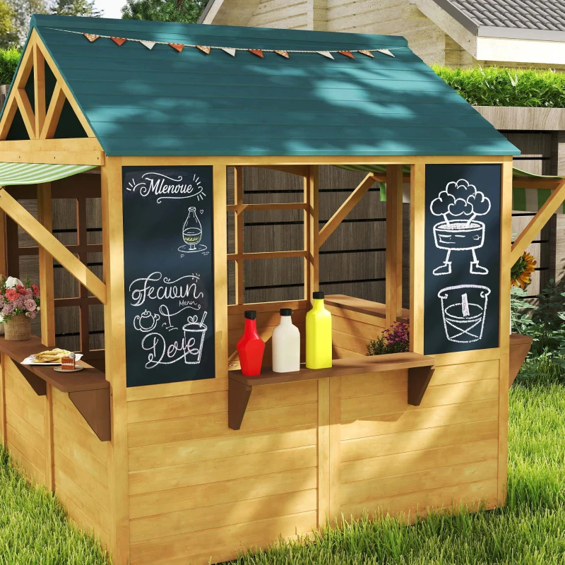 Qaba Wooden Outdoor Playhouse, Foldable Kids Cottage with Windows, Working Door, Snack Bars, Waterproof Covers, for 3-8 Years
