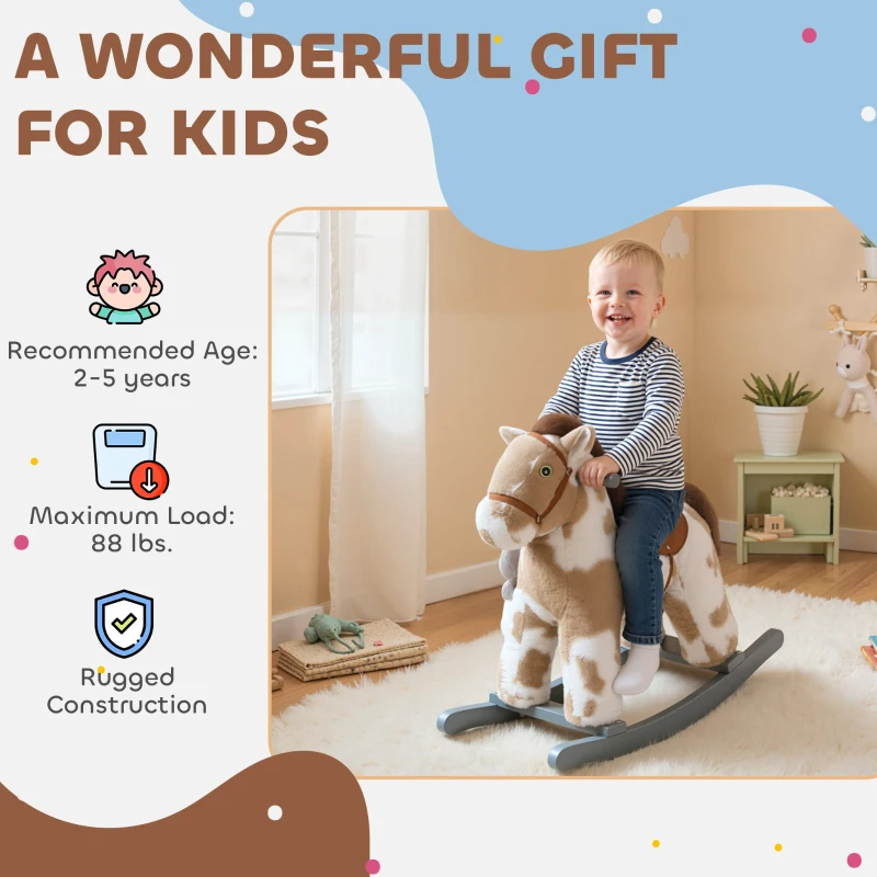 Qaba Rocking Horse, Kids Plush Horse Rocker with Rabbit Toy and Realistic Neigh for Toddlers 2–5 Years Old, Brown