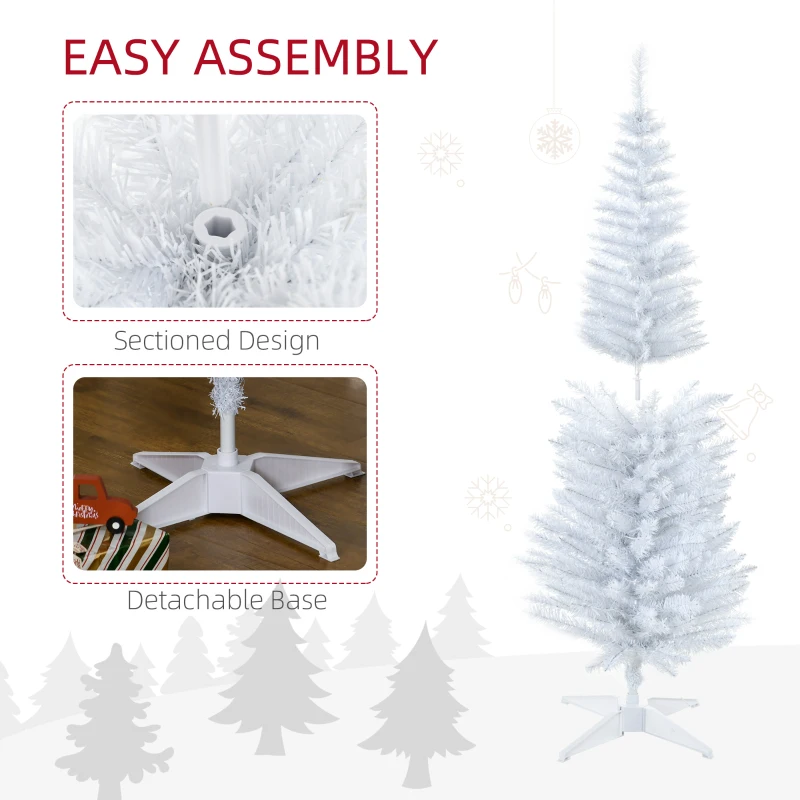 HOMCOM 5' Pre Lit Artificial Pencil Christmas Trees, Xmas Tree with Realistic Branches and Warm White LED Lights, White