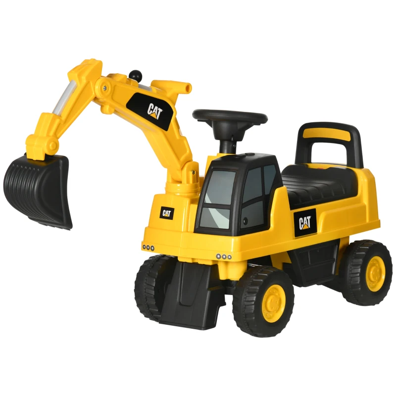 Aosom Kids Excavator Ride on Toy CAT Licensed with Manual Shovel, Horn, Hidden Storage for 18-36 Months, Yellow