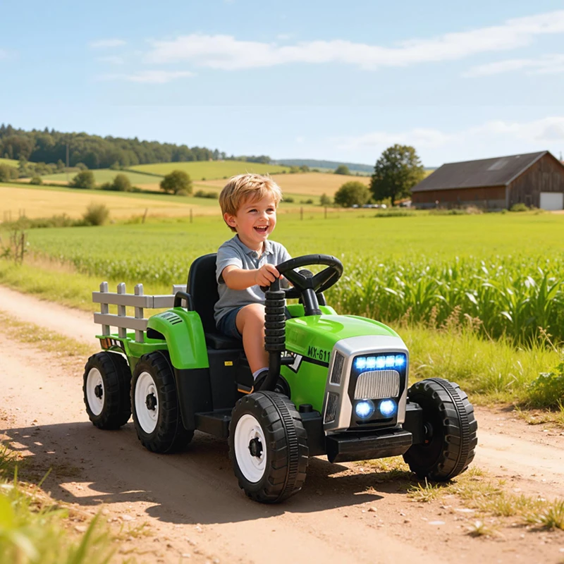 Aosom 12V Ride on Tractor with Trailer, 25W Dual Motors, Battery Powered Electric Tractor with Remote Control, Music Startup Sound and Horn, LED Lights, Green
