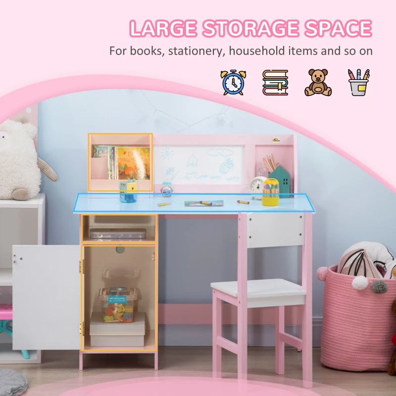 Qaba Toddler Table and Chair Set, Kids Writing Desk Homework Table with Whiteboard, Storage Cabinet, Pink