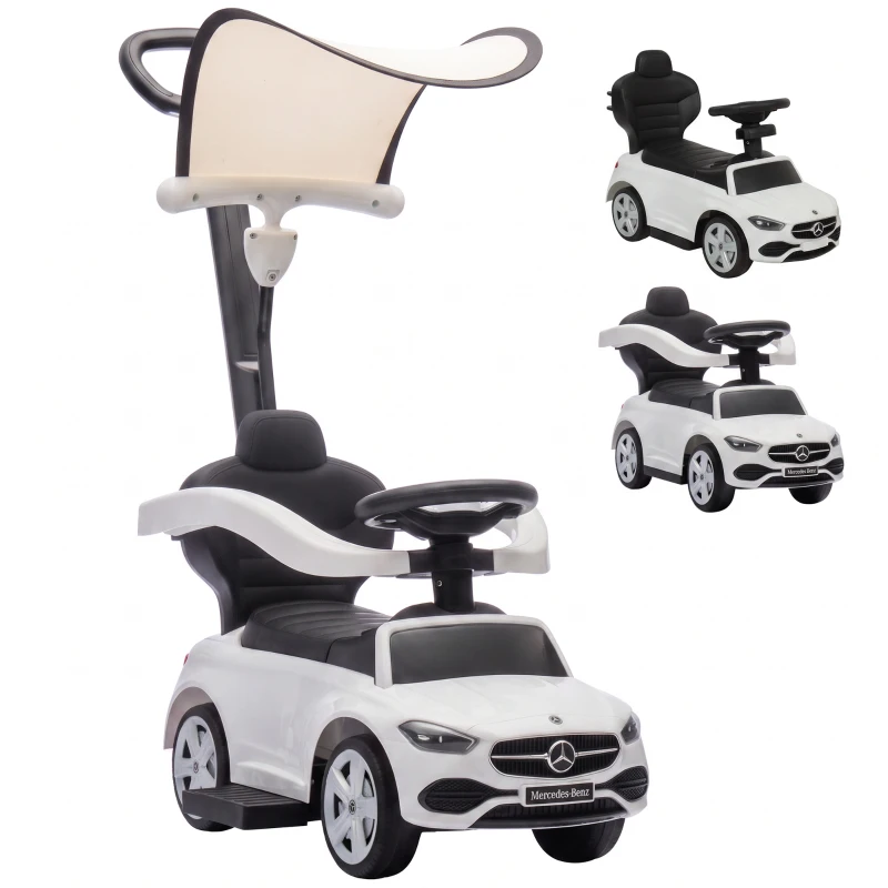 Qaba 3 in 1 Toddler Push Car Licensed Mercedes-Benz with Push Handle, Canopy, Guardrails, Horn, Music for 18-36 Months, White