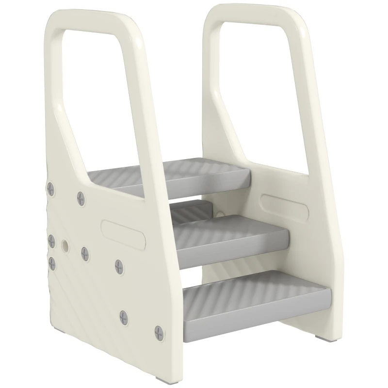 Qaba Adjustable 3 Step Toddler Tower with Handles, Non-slip Surface & Foot Pads, Gray
