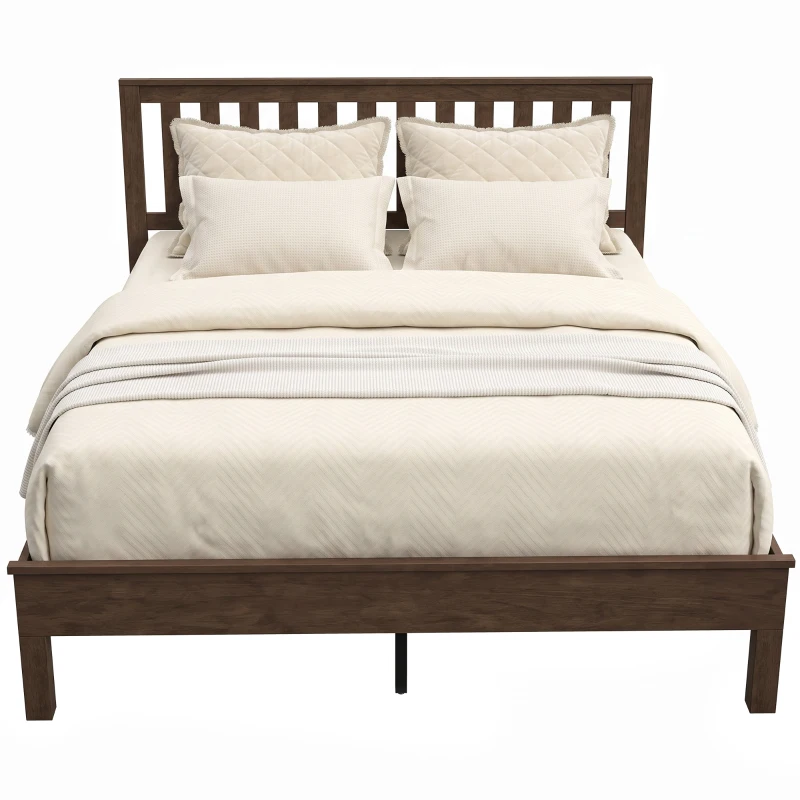 HOMCOM Queen Size Bed Frame with Headboard and Footboard, Mid-Century Modern Wood Platform Bed Frame, Walnut