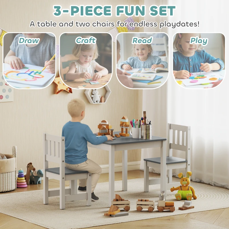 Qaba Kids Table and Chairs Set, Toddler Table and 2 Chair Set for Activity, Art, Craft, Reading, Learning, Grey