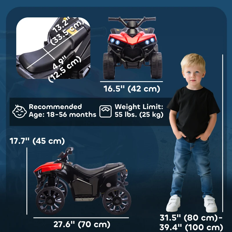 Qaba 6V Kids ATV, 4 Wheeler Electric Ride on Car with Music and LED Headlights, for Ages 18-56 Months Boys and Girls, Red