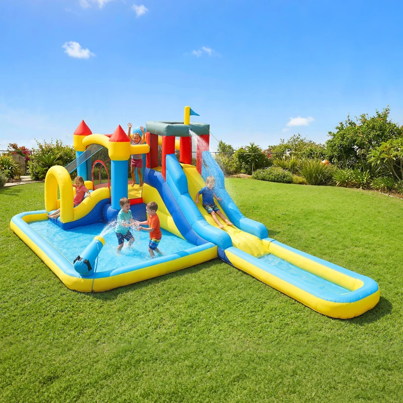 Qaba 6 in 1 Inflatable Water Slide Park with Splash Pools, 2 Slides, Trampoline, Climbing Wall, Cannon, Basketball Hoop