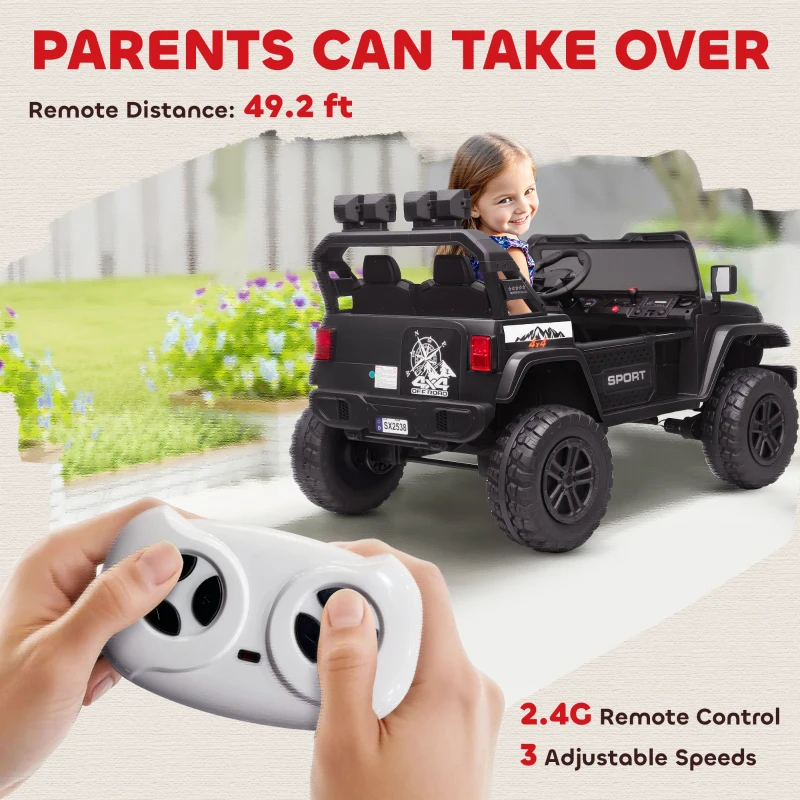 Qaba Ride on Truck Car with 2-Seater, 24V Electric Car with 4 Motors, Remote Control, Spring Suspension for 3-8 Years, Black