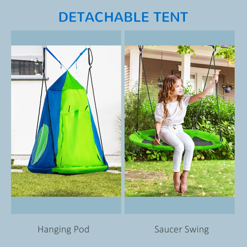 Outsunny Kids Hanging Tree Swing Tent for Backyard, Waterproof Hammock Chair Nest Pod, Saucer Swing with Screen Window, Rolling Door, for Indoor & Outdoor Use, Green