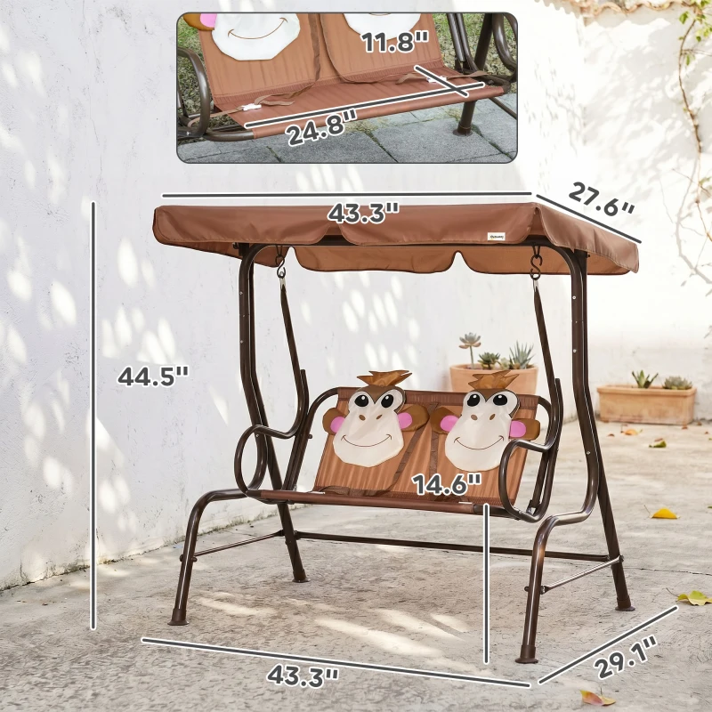 Outsunny Kids Patio Swing, 2-Seater Outdoor Swing Chair with Adjustable Canopy and Safety Belt, Monkey Pattern Hanging Swing Bench for Garden or Backyard, Coffee