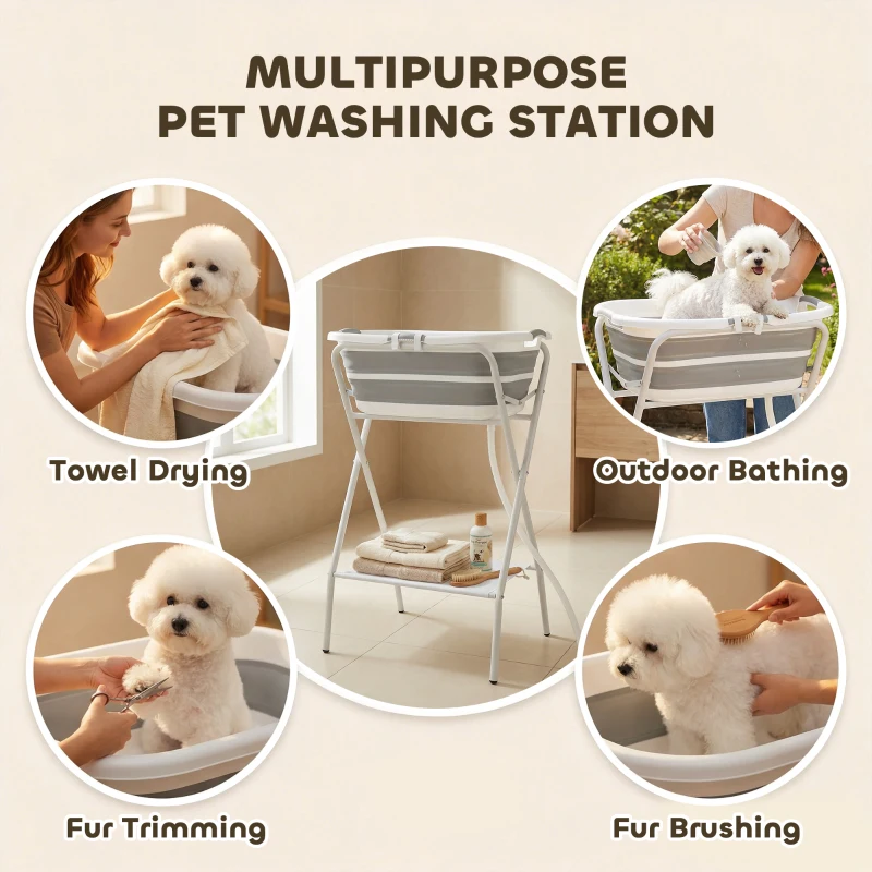 PawHut Dog Bath Tub Dog Washing Station, Elevated Foldable Dog Bathtub with Hose, Storage Shelf, for Small Dogs Puppies Gray