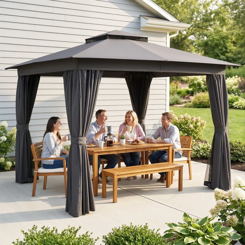 Outsunny 10' x 10' Outdoor Patio Gazebo, Soft Top Gazebo Canopy Shelter with Curtains, Netting, Steel Frame, Hook, Dark Gray