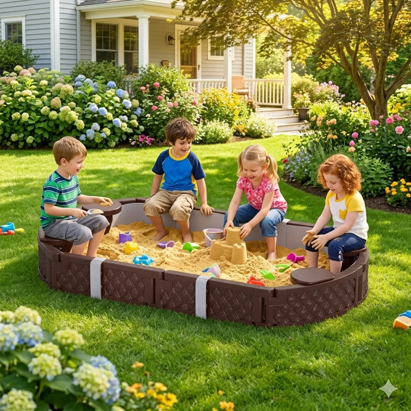 Qaba Kids Sandbox with Cover, 4 Corner Seats, Bottom Liner for Backyard, Garden, Outdoor, 71" x 42" W x 9", Dark Brown