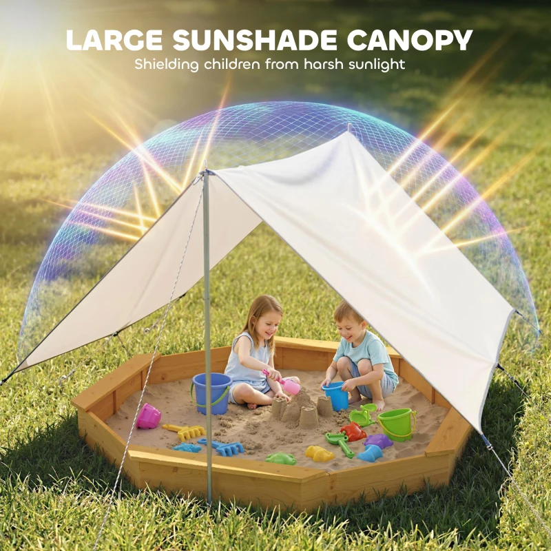 Qaba Wooden Kids Wooden Sandbox with Large Canopy, Outdoor Sand Box with 4 Bench Seats, Bottom Liner for Aged 3-8, Yellow