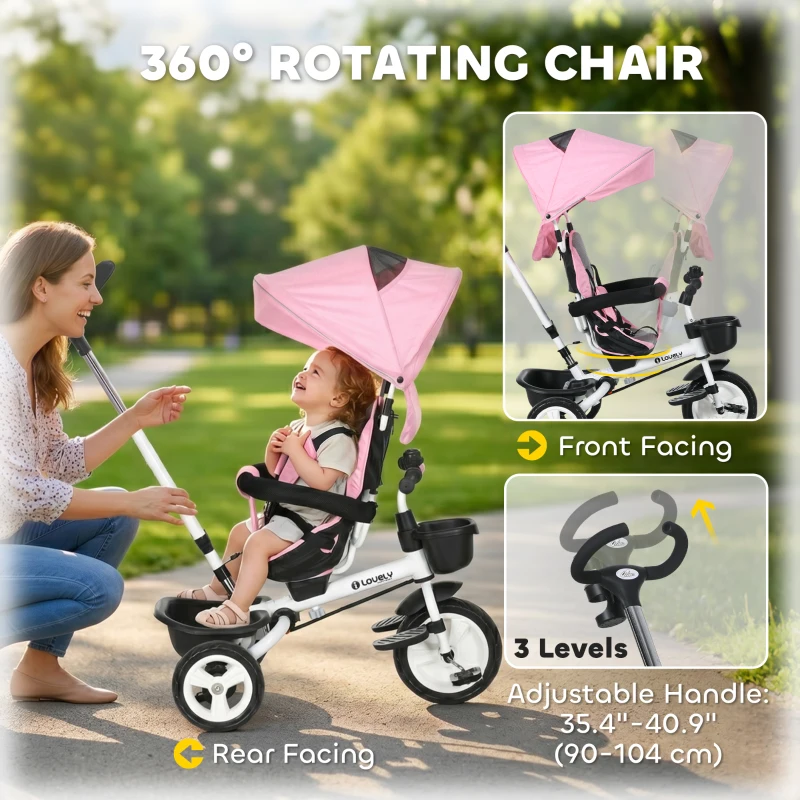 Qaba 6 in 1 Toddler Tricycle with Parent Push Handle, Canopy, Storage Baskets, Cupholder, Pink