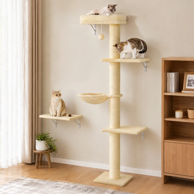 PawHut Cat Wall Shelves, 3-in-1 Cat Wall Furniture Set with Scratching Post for Indoor Kittens Climbing Sleeping, Beige