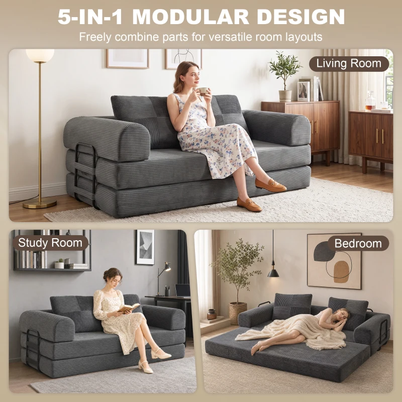 HOMCOM 5-in-1 Convertible Sofa Bed, L-Shaped Loveseat Reversible Sleeper Sofa with 2 Pillows, Dark Grey