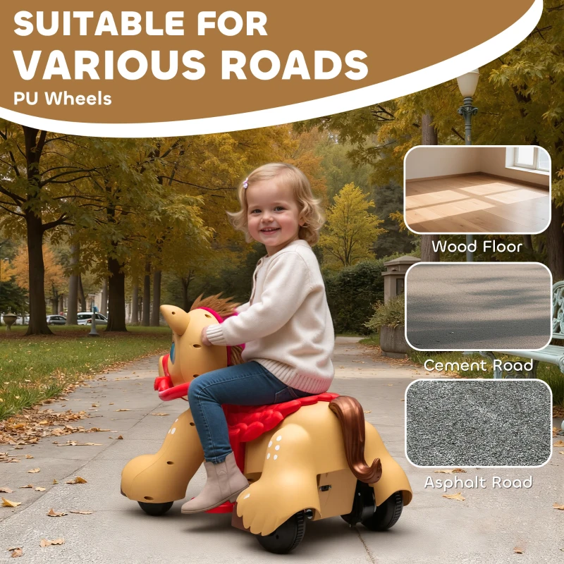 Qaba Ride On Horse Toy, 12V Battery Powered Ride on Toy with Carrot Toy, Comb and Sound, Electric Rocking Horse for Toddlers