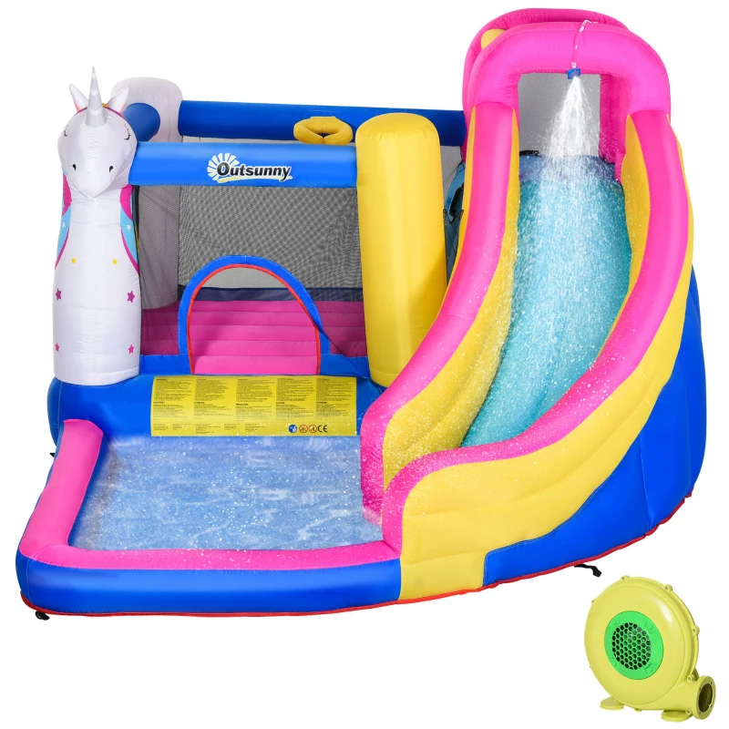 Outsunny Inflatable Water Slide Bounce House with Trampoline, Climbing Wall, Water Cannon, Basketball Hoop, Splash Pool, 450W Blower, Unicorn Themed Bouncy House for Kids 3-8 Years Old