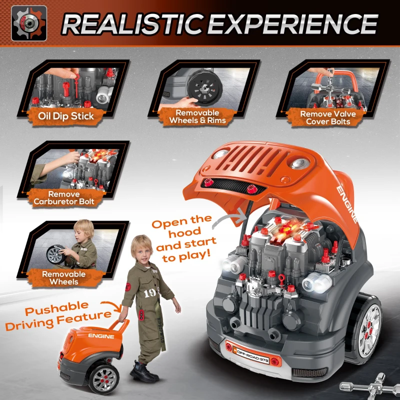Qaba Kids Truck Engine Toys, Kids Mechanic Workshop Set with Light, Sounds, Steering Wheel and Horn for Boys Girls 3 4 5 Years Old Pretend Play, Orange