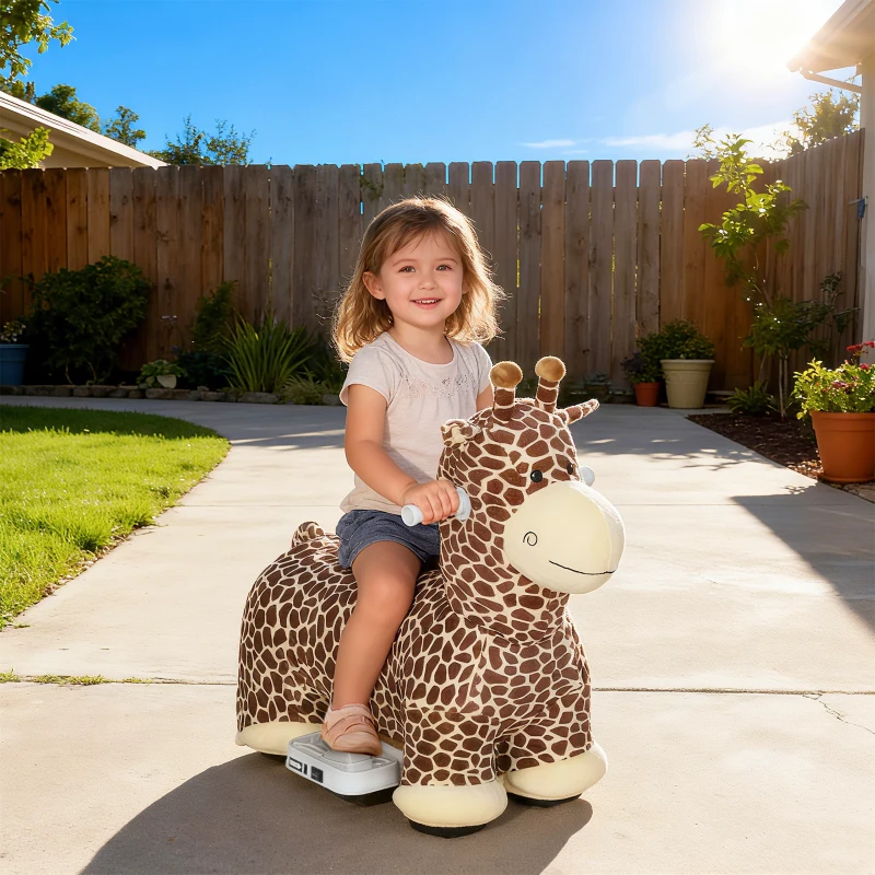 Qaba Kids Electric Ride On Giraffe, 6V Battery Powered Ride On Toy with Washable Cover, Music for 1.5-5 Years, Brown