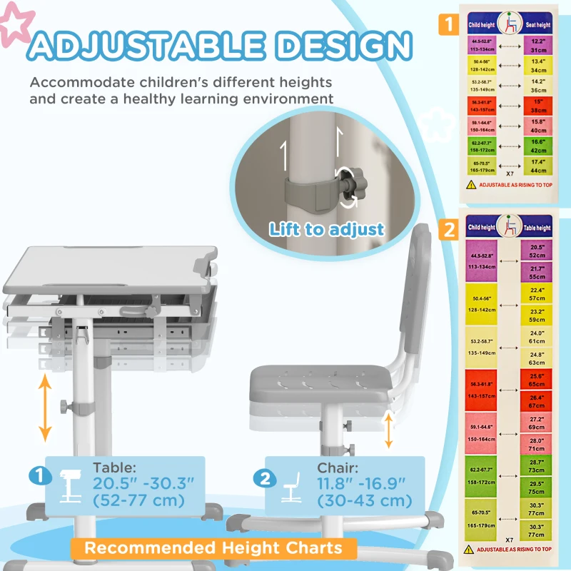 Qaba Height Adjustable Kids Desk and Chairs Set with Tilt Desktop, Storage Drawer, Pen Slot, Hook, Gray