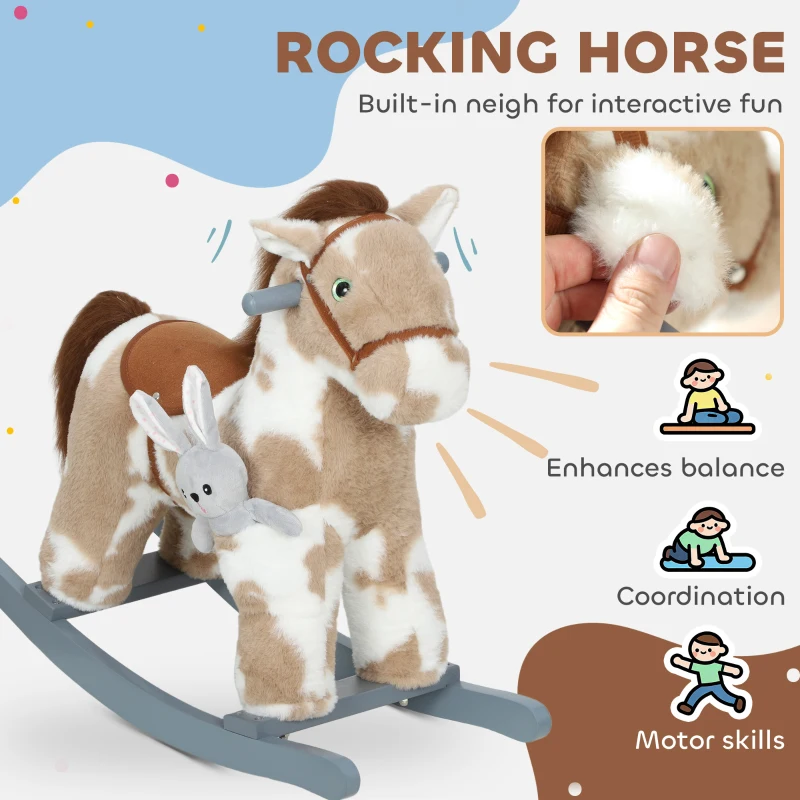 Qaba Rocking Horse, Kids Plush Horse Rocker with Rabbit Toy and Realistic Neigh for Toddlers 2–5 Years Old, Brown