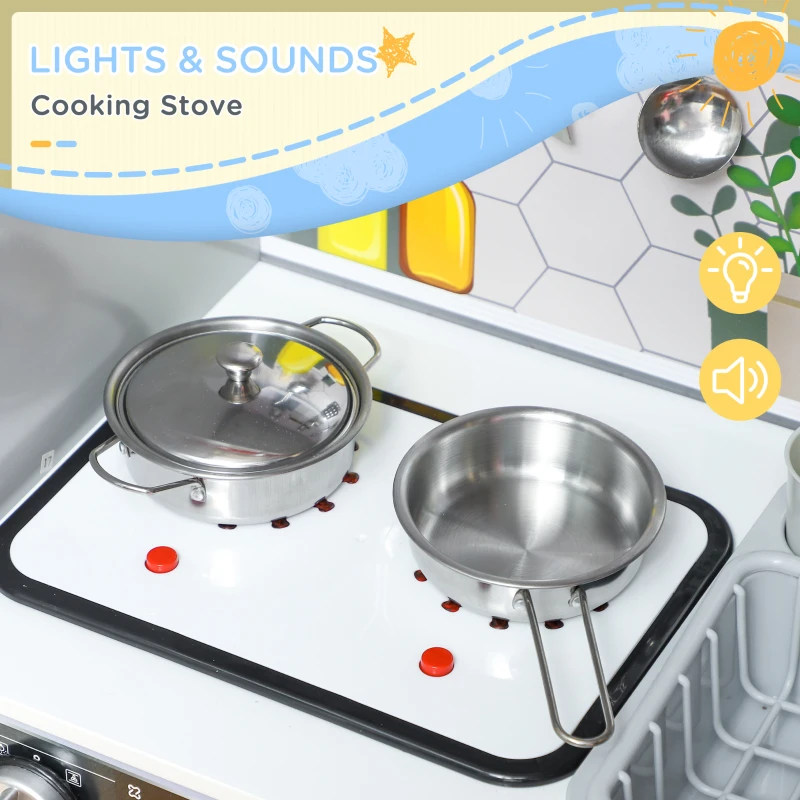 Qaba Play Kitchen, Kids Kitchen Playset w/ Lights, Sounds, Running Water, Coffee Machine, Ice Maker & Microwave for 3-8 Years