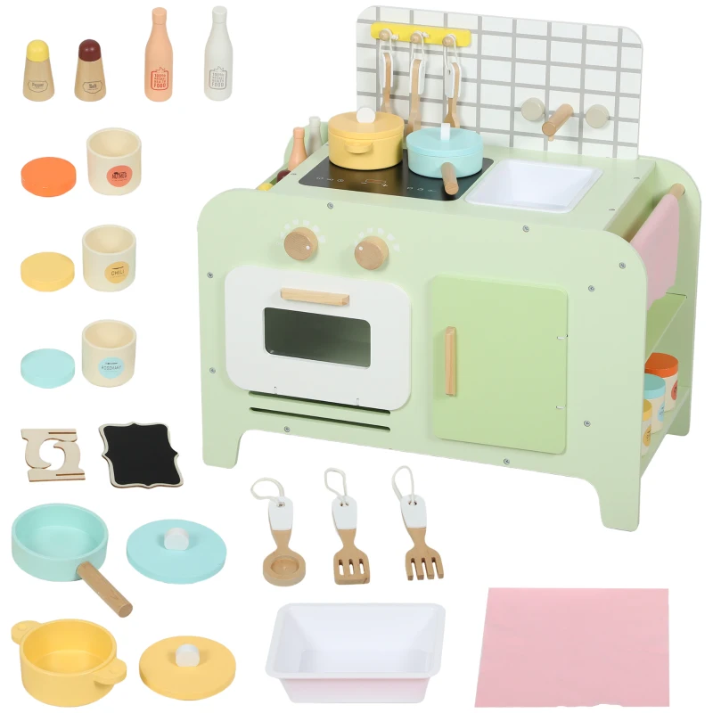 Qaba Kids Kitchen Playset with 15 Accessories, Microwave Oven, Cabinets, for Boys and Girls Ages 3+, Green