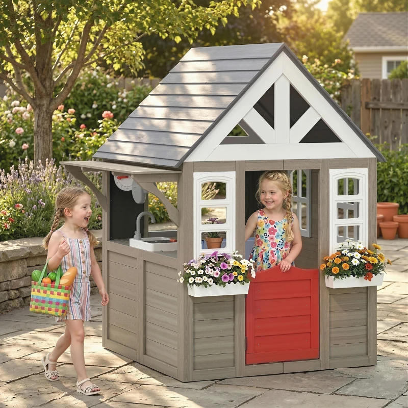 Qaba Outdoor Playhouse, Wooden Kids Playhouse with Dog Door, Flower Box, Cookware & Window for Garden Ages 2+, Gray