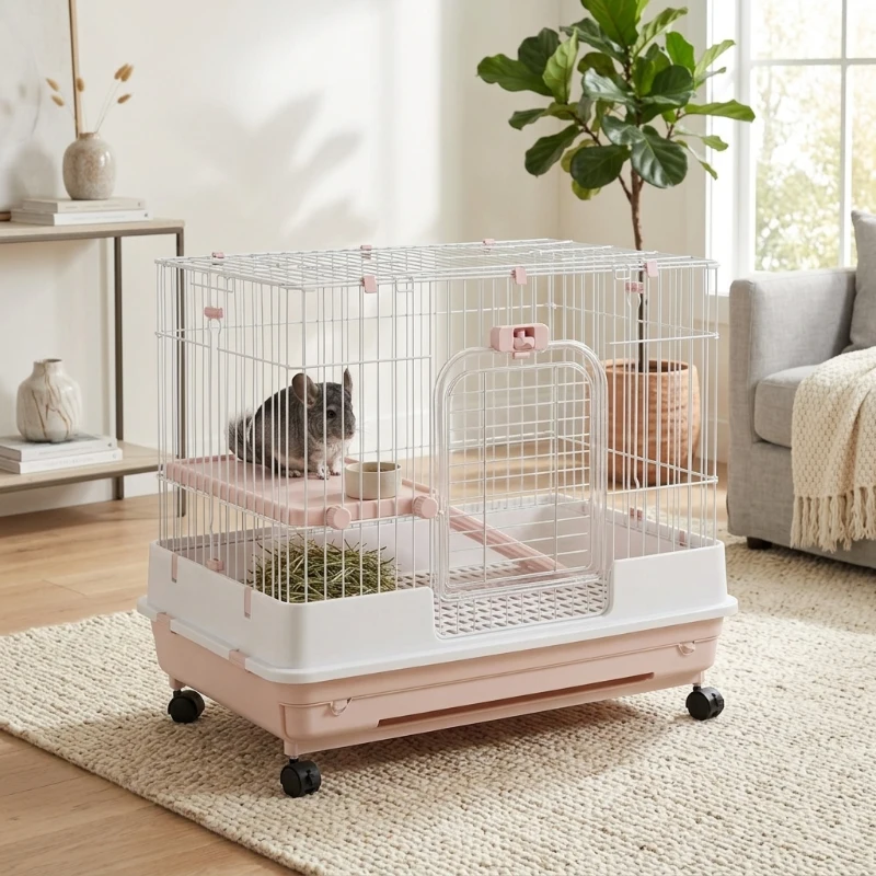 PawHut 2-Level Small Animal Cage Rabbit Hutch with Wheels, Removable Tray, Platform and Ramp for Bunny, Chinchillas, Ferret, Pink