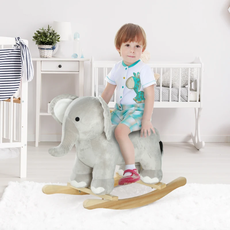 Qaba Kids Rocking Animal, Elephant Rocker with Realistic Sounds, Plush Ride on Toy for Years 2-4, Gray