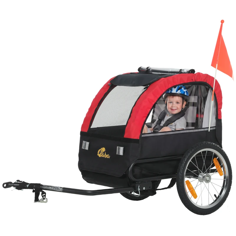 Qaba Bike Trailer for Kids, Baby Bicycle Trailer with 5-Point Harness, 16" Rubber Wheels, Storage Bag, for 18+ Months, Red