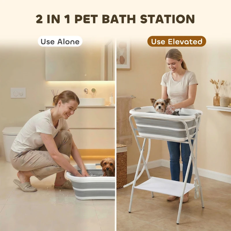 PawHut Dog Bath Tub Dog Washing Station, Elevated Foldable Dog Bathtub with Hose, Storage Shelf, for Small Dogs Puppies Gray