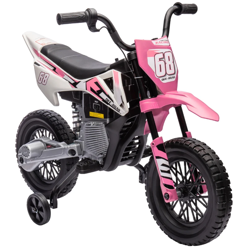 Qaba 12V Kids Electric Motorcycle w/ Twist Grip Throttle, Training Wheels, Rear Suspension & Music, Pink
