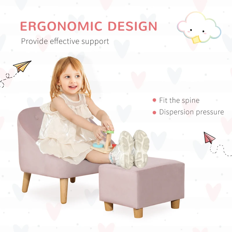 Qaba Kids Sofa Set, Toddler Chair, Sofa & Ottoman for Bedroom, Playroom, Children's Couch for 3-5 Years, Pink