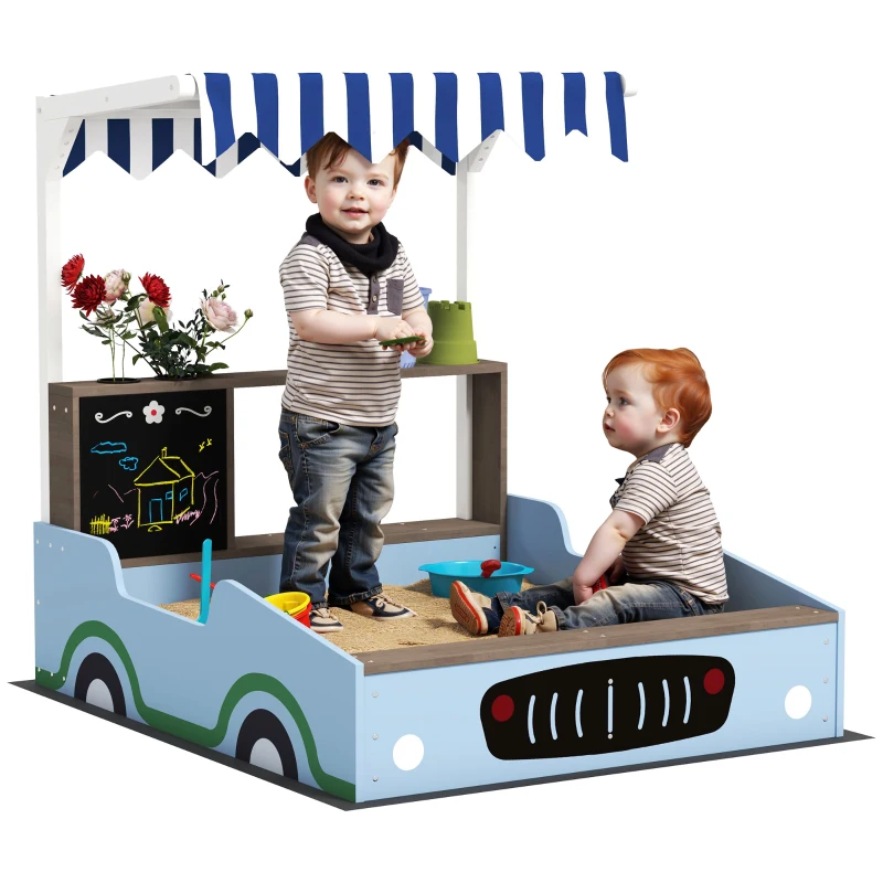 Qaba Kids Wooden Sandbox with Canopy with Bench Seats, Bottom Liner, Drawing Board, Planting Boxes for Backyard, Garden, Blue