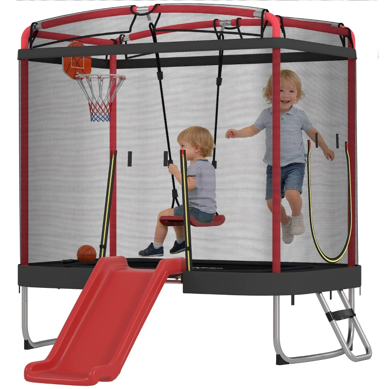 Qaba 4 x 6FT Trampoline for Kids Indoor & Outdoor with Slide, Swing, Basketball Hoop and Safety Enclosure, Red