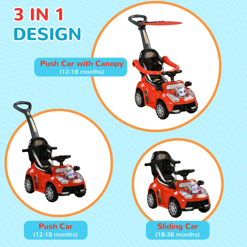 Qaba 3 in 1 Push Car Sliding Car with Removable Handle, Music, Horn, Canopy, Safety Guardrail, Red