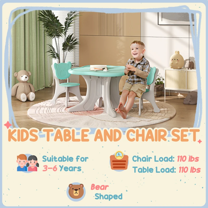 Qaba 3 Piece Kids Table and Chairs Set for 3-6 Years Old, Light Blue