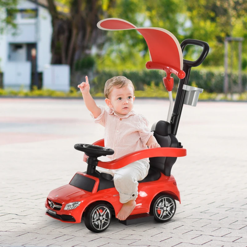 Aosom MERCEDES-AMG C63 Licensed Ride on Push Cars for Toddlers, Sliding Walking Car with Sun Canopy, Horn, Music, Safety Bar, Cup Holder and Storage, Red