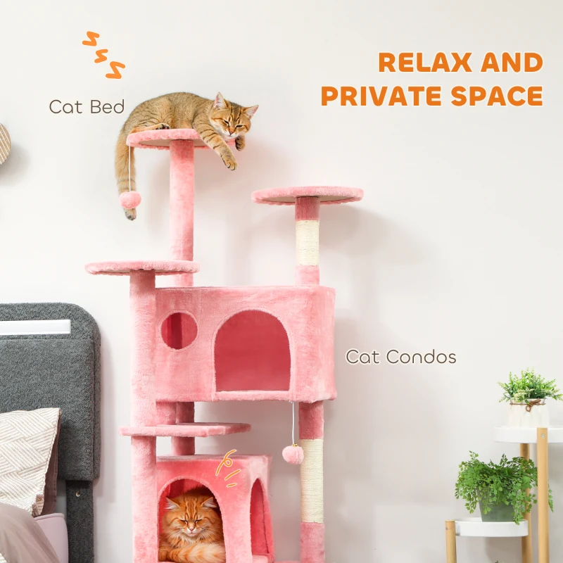 PawHut 63" Cat Tree, Multi-Level Cat Tower with Scratching Posts, Cat Condos, Bed, Platforms, Ramp, Toy Ball, Pink
