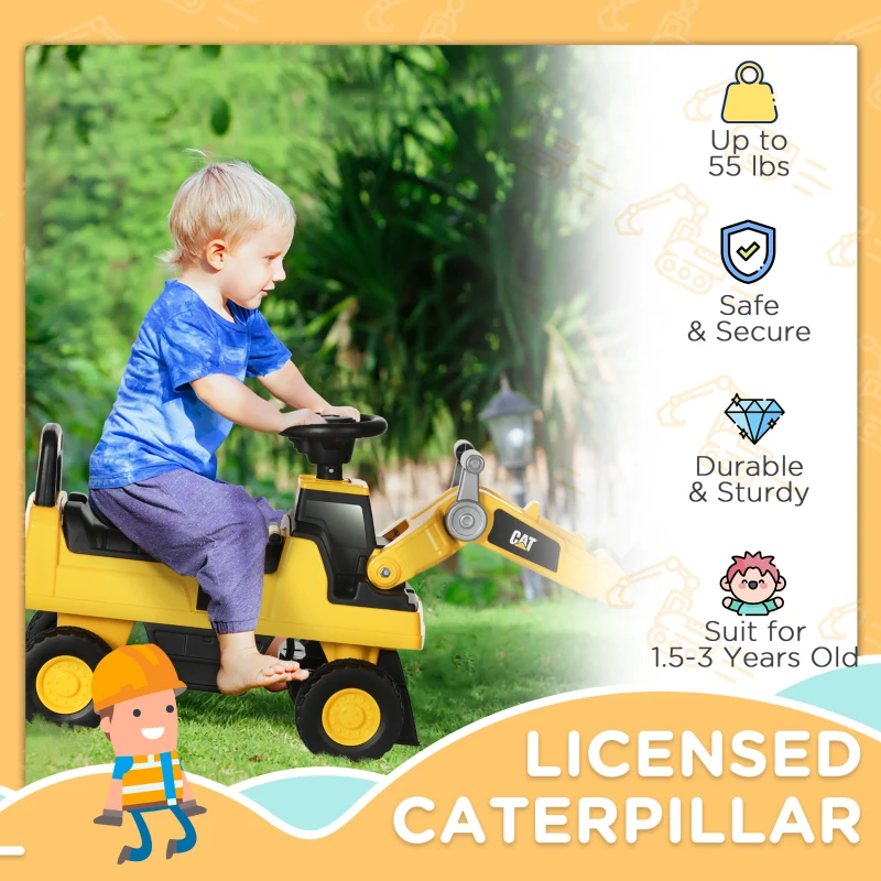 Aosom Caterpillar CAT Licensed Kids Ride on Excavator No Power Construction Vehicles with Manual Shovel, Horn, Hidden Storage