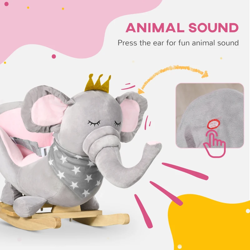 Qaba Baby Rocking Horse Elephant Rocking Chair Toddler Rocker Toy with Sound Wooden Base Seat for 1.5-3 Year Old, Gray